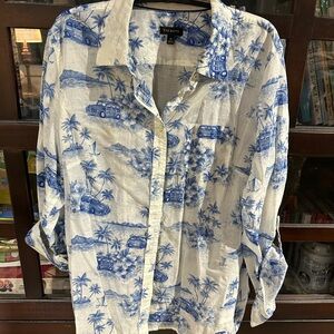 Talbots Women’s Blue and White Scenic Button Down Shirt